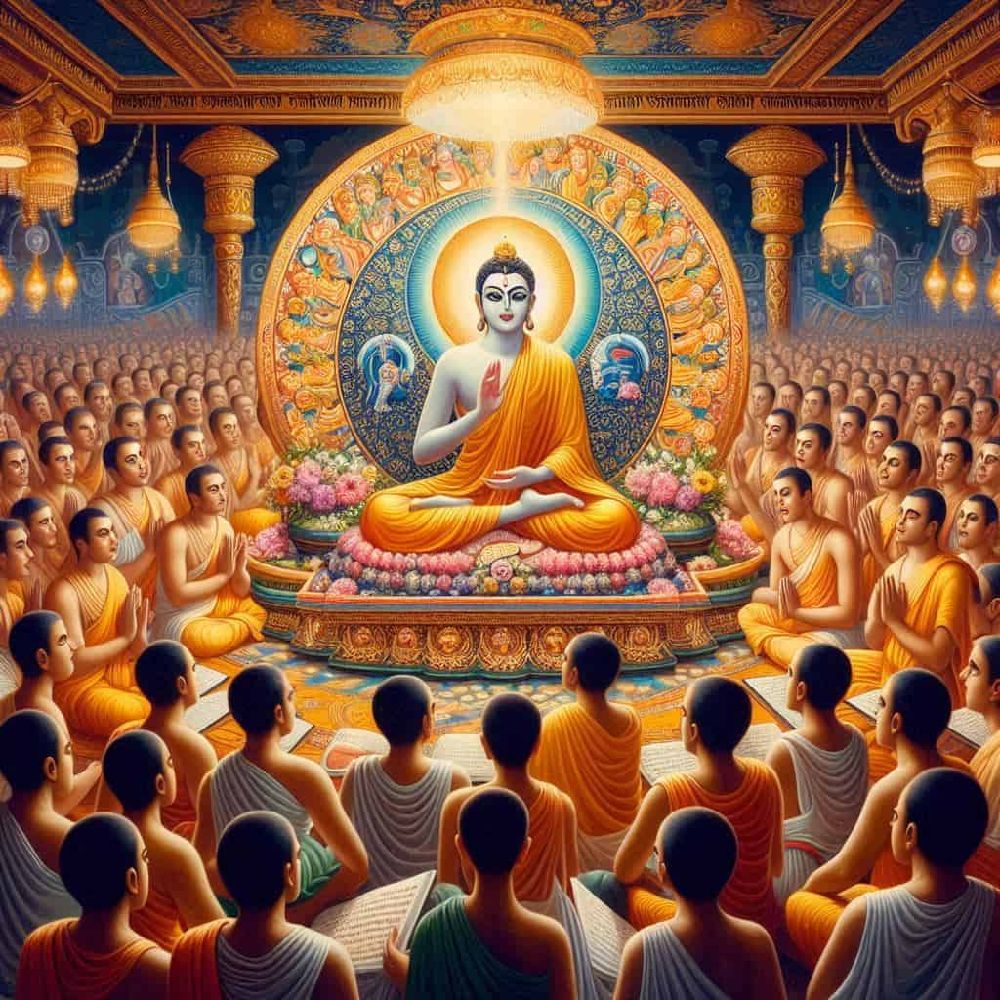 An image depicting devotees chanting the mantra Vakratunda Mahakaya